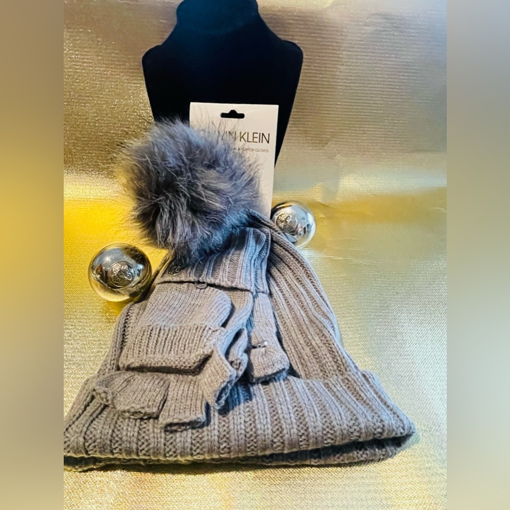 Calvin Klein Faux Fur Pom Pom Hat & Flip-Top Gloves - light grey